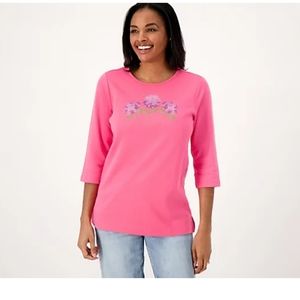 QVC Quacker Factory Garden Party 3/4 Sleeve Top Size 3X Salmon/Hydrange